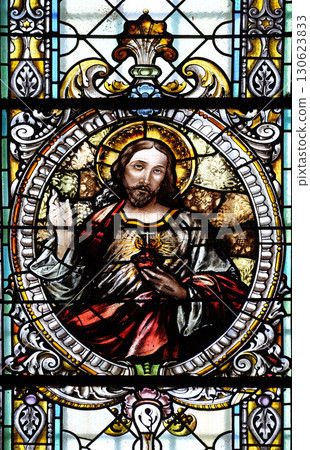 Sacred heart of Jesus, stained glass window in Cathedral of St Nicholas in Novo Mesto, Slovenia 130623833