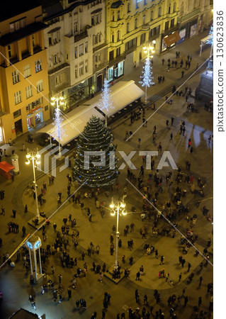 Evening view of Ban Jelacic square decorated with Christmas lights in Zagreb, Croatia 130623836
