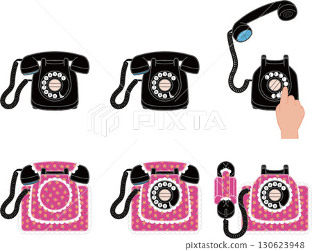 A black telephone from the Showa era and its cover. Illustration of a hand turning the dial A black telephone from the Showa era and its cover. Illustration of a hand turning the dial 130623948