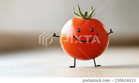 A smiling tomato character with tiny arms and legs on an ivory floor with a gentle white background and balanced composition 130624013