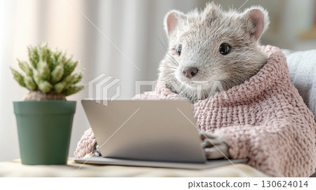 Stoat character in a soft cardigan working on a laptop with a plant beside it 130624014