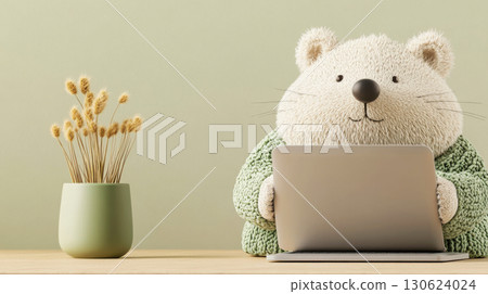 Stoat character in a cardigan typing on a modern laptop with a small plant pot for a remote work comfort scene 130624024