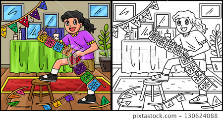 Dia de los Muertos Girl Decorating Papel Picado  130624088