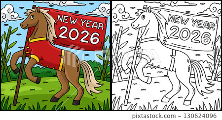 Year of the Horse New Year 2026 Flag Illustration  130624096