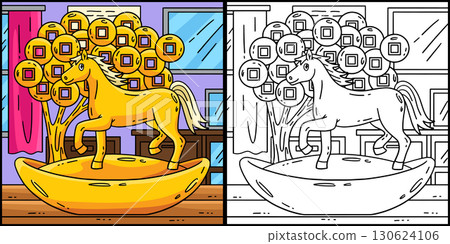 Year of the Horse 2026 and Coin Tree Illustration  130624106