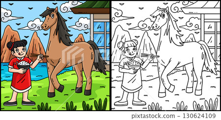 Year of the Horse 2026 Girl and Horse Illustration 130624109