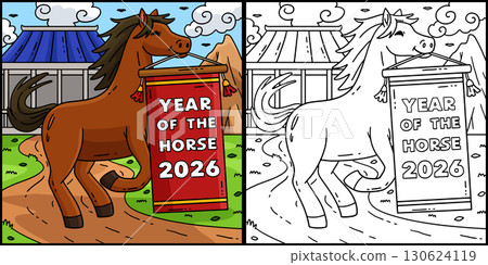 Year of the Horse 2026 Coloring Page Illustration  130624119
