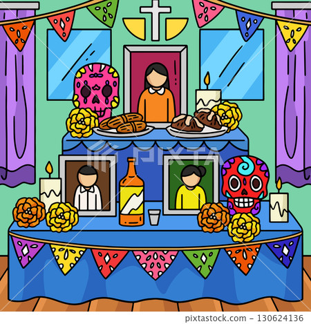 Dia de los Muertos Ofrenda Colored Cartoon  130624136