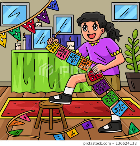 Dia de los Muertos Girl Decorating Papel Picado  130624138