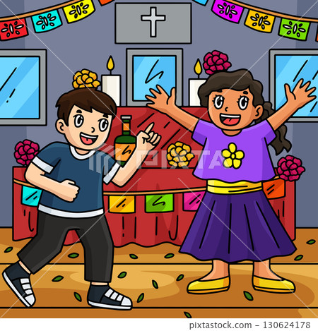 Dia de los Muertos Kids Over Ofrenda Colored  130624178