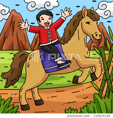 Year of the Horse 2026 Boy Riding a Horse Colored 130624180