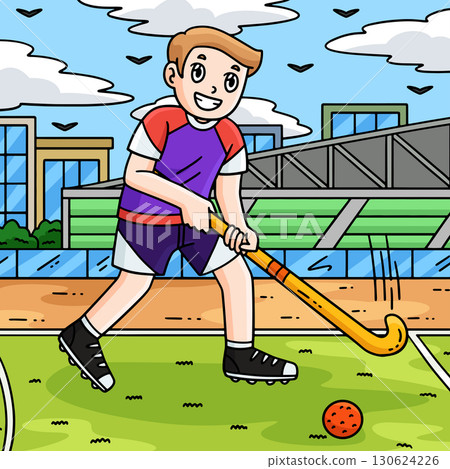 Field Hockey Male Player Ready Hit Ball Colored  130624226