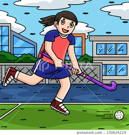 Field Hockey Female Player Chasing Ball Colored  130624229