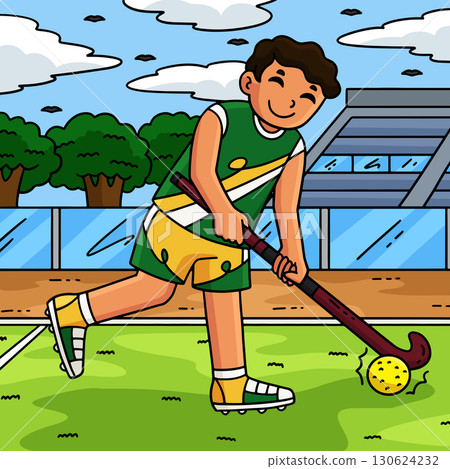 Field Hockey Male Player Directing Ball Colored Field Hockey Male Player Directing Ball Colored 130624232