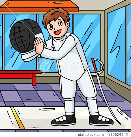 Fencing Male Fencer Putting a Mask Colored Cartoon Fencing Male Fencer Putting a Mask Colored Cartoon 130624245
