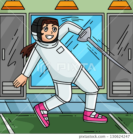 Fencing Female Fencer Disengaging Colored Cartoon  130624247