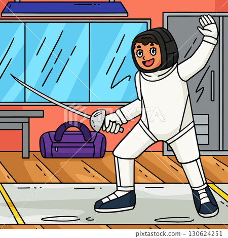 Fencing Female Fencer En Garde Position Colored Fencing Female Fencer En Garde Position Colored 130624251