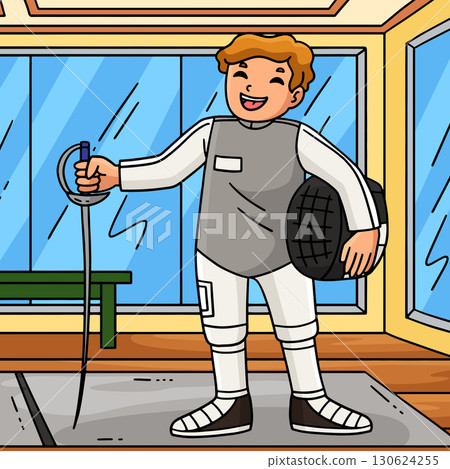 Fencing Male Fencer with Sabre and Helmet Colored Fencing Male Fencer with Sabre and Helmet Colored 130624255