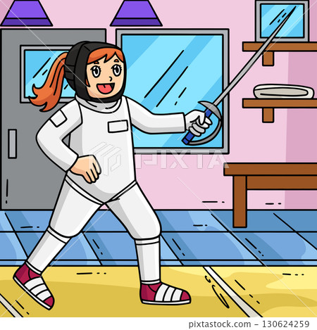 Fencing Female Fencer with a Sabre Colored Cartoon Fencing Female Fencer with a Sabre Colored Cartoon 130624259