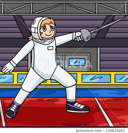 Fencing Female Fencer Lunging Colored Cartoon Fencing Female Fencer Lunging Colored Cartoon 130624261