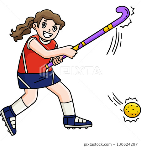 Field Hockey Female Player Hitting Ball Clipart  130624297