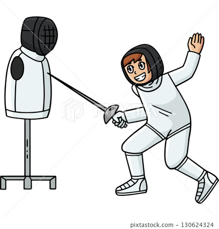 Fencing Male Fencer Practicing with Dummy Clipart  130624324