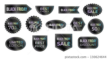 Collection of stickers and labels with holographic inscriptions with discounts and special offers, Black Friday sale. Collection of stickers and labels with holographic inscriptions with discounts and special offers, Black Friday sale. 130624644