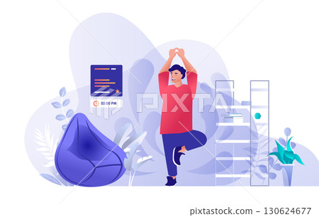 Yoga at home concept for modern web design. People practicing asanas indoor, man doing balance and strength poses, training and stretching. Flat vector illustration isolated on white background. 130624677