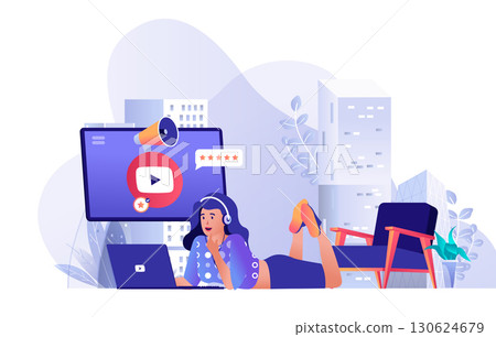 Video marketing concept for modern web design. People making online advertising campaign, woman creating video content for attracting followers. Flat vector illustration isolated on white background. Video marketing concept for modern web design. People making online advertising campaign, woman creating video content for attracting followers. Flat vector illustration isolated on white background. 130624679
