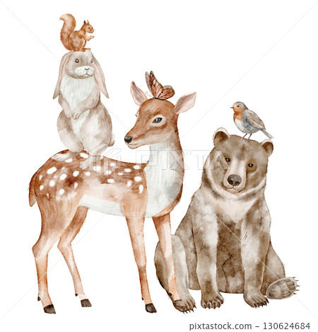 Watercolor woodland Animals including deer, bear, hare, squirrel, bird and butterfly. Illustration of forest creatures for nursery posters or baby shower invitations and greeting cards. 130624684
