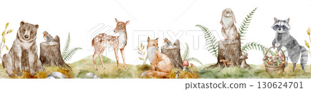 Watercolor border with Woodland Animals near stumps and trees. Seamless Pattern with bear, deer, fox, raccoon, hare, squirrel, birds and mushrooms for nursery walls. Frame with forest creatures. 130624701