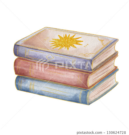 Stack of books. Painted in watercolor. Blue, red, and purple binding with a gold sun symbol. Subject of study: esotericism, witchcraft. Isolated on a white background. Retro style Stack of books. Painted in watercolor. Blue, red, and purple binding with a gold sun symbol. Subject of study: esotericism, witchcraft. Isolated on a white background. Retro style 130624728