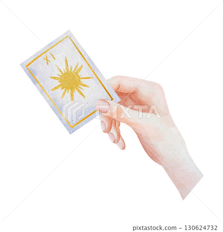 A Hand Holding a Tarot Card with a Sun Symbol in a Gold Frame. Watercolor illustration of fortune telling or prediction. Hand-drawn, isolated on a white background A Hand Holding a Tarot Card with a Sun Symbol in a Gold Frame. Watercolor illustration of fortune telling or prediction. Hand-drawn, isolated on a white background 130624732