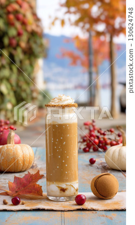 Pumpkin spice frappuccino in tall glass with whipped cream swirl blurred autumn park background cozy atmosphere with copy space perfect for seasonal beverage advertising branding or fall lifestyle Pumpkin spice frappuccino in tall glass with whipped cream swirl blurred autumn park background cozy atmosphere with copy space perfect for seasonal beverage advertising branding or fall lifestyle 130624748