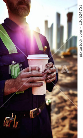 Photorealistic construction worker holding coffee cup city skyline blurred behind golden hour light creating professional work lifestyle concept marketing or editorial stock photography 130624753