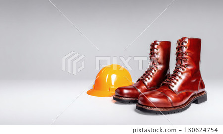 Clean studio shot of work boots and helmet on neutral surface wide negative space professional composition suitable for safety construction equipment marketing or industrial stock photo 130624754
