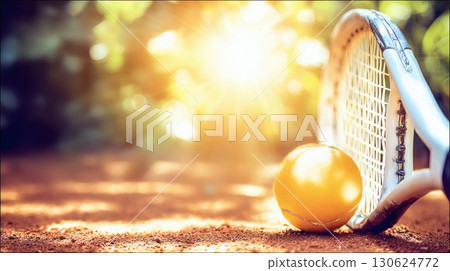 Tennis racket and ball close up on sunlit ground with blurred park background. Warm tones and natural lighting create sport concept ideal for fitness health design or competition poster 130624772