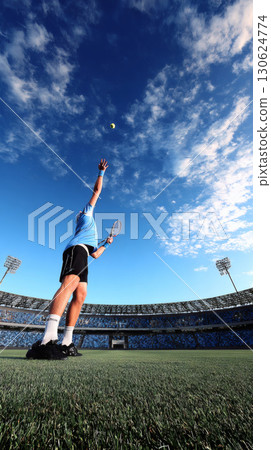 Professional tennis player serving ball with motion blur in dynamic stadium scene with empty sky space. Ideal for sport competition promotion fitness training or motivational poster 130624774