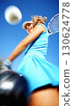 Female tennis player hitting forehand shot in bright sky background with motion blur. Sports action concept for competition promotion fitness design or motivational lifestyle poster 130624778
