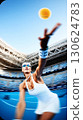 Professional tennis player serving ball with motion blur and blurred stadium background. Sport competition action concept perfect for tournament promotion training or motivational poster 130624783