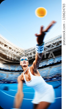 Professional tennis player serving ball with motion blur and blurred stadium background. Sport competition action concept perfect for tournament promotion training or motivational poster 130624783