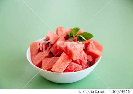 fresh watermelon pieces on green background with mint leaves 130624946