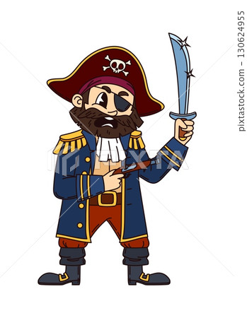 Cartoon funny groovy pirate character. Isolated vector fierce sea corsair or captain retro personage with beard, holding saber and flintlock gun, ready for high seas adventures and treasure hunts 130624955