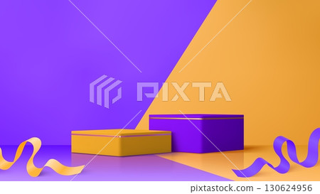 3d blue and orange podium stage with pedestals and ribbons. Vector realistic display stand, studio scene or show room platform for product presentation with minimal square blue and orange podiums 3d blue and orange podium stage with pedestals and ribbons. Vector realistic display stand, studio scene or show room platform for product presentation with minimal square blue and orange podiums 130624956