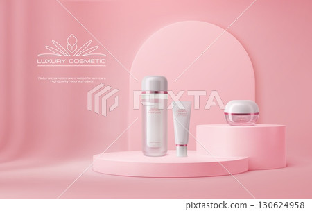 3d pink podium stage with glass cosmetic bottles and cream tube on realistic minimal round platforms. Vector cosmetic product display stand, podium stage or scene at pink arch wall background 3d pink podium stage with glass cosmetic bottles and cream tube on realistic minimal round platforms. Vector cosmetic product display stand, podium stage or scene at pink arch wall background 130624958