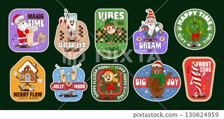 Christmas groovy stickers and New Year hippie patches with funny characters, cartoon vector. Winter holiday groovy stickers, elf and Santa with gifts, Christmas gingerbread cookie and funky candy cane 130624959