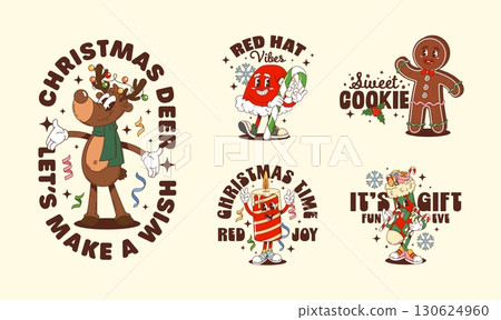 Christmas groovy characters stickers and t shirt prints for winter holiday, cartoon vector. Groovy stickers with reindeer and funny Santa hat, gingerbread cookie man and sock with Christmas gifts Christmas groovy characters stickers and t shirt prints for winter holiday, cartoon vector. Groovy stickers with reindeer and funny Santa hat, gingerbread cookie man and sock with Christmas gifts 130624960
