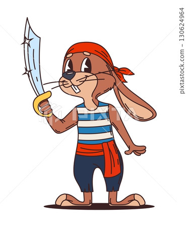 Cartoon bunny animal pirate character or corsair ship crew, vector personage. Rabbit sailor or hare bunny skipper in bandana with saber sword or dirk dagger as funny Caribbean corsair character Cartoon bunny animal pirate character or corsair ship crew, vector personage. Rabbit sailor or hare bunny skipper in bandana with saber sword or dirk dagger as funny Caribbean corsair character 130624964