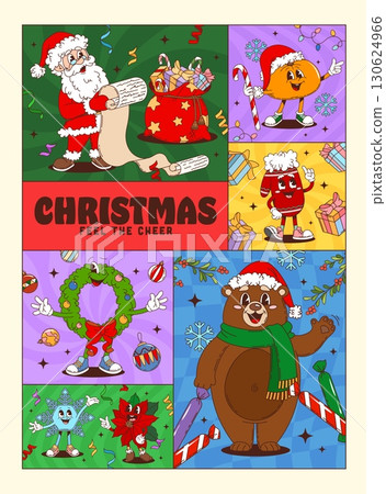 Groovy Christmas characters posters with Santa, funny bear and gifts, cartoon vector. Christmas groovy posters with funky Xmas tree decorations, Santa with wish list and holly wreath with happy face 130624966