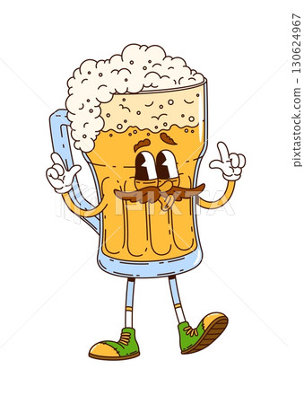 Cartoon groovy beer tankard drink character with foam on top, wearing sneakers and smiling, giving a friendly gesture. Vector playful glass cup personage exuding happiness, celebration and festivity 130624967